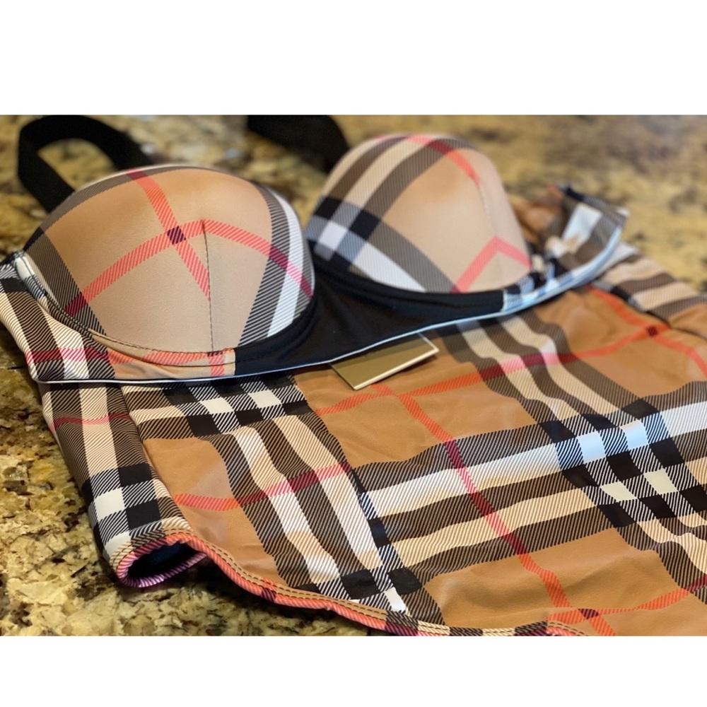 Luxury Check Tan + White Banded Bikini Set With Text On Top&Bottom, Unbranded